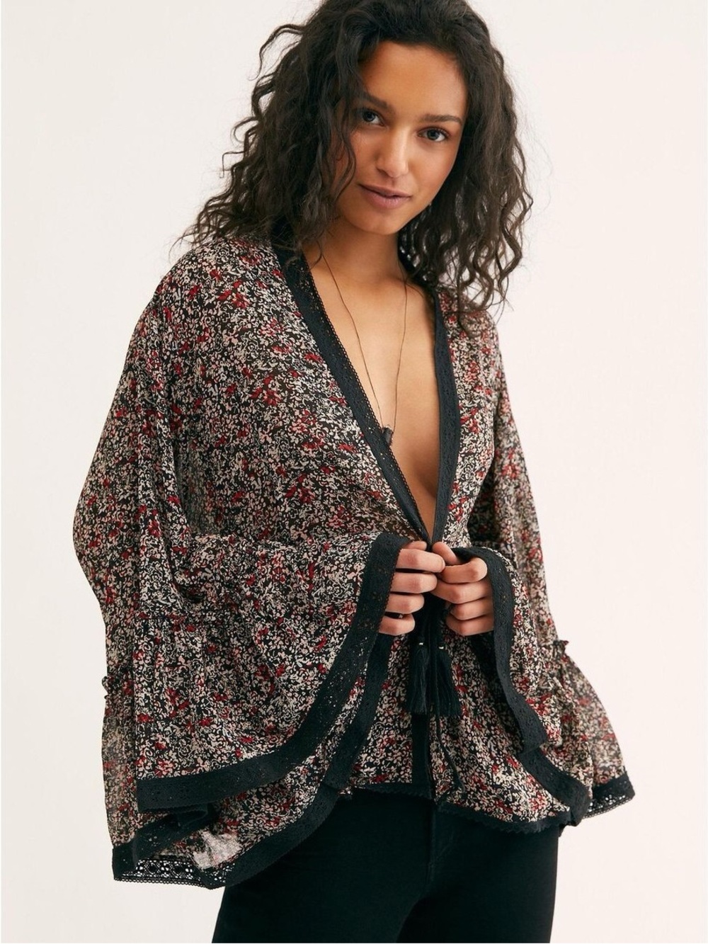 Free People Lola Kimono Black Combo Cardigan Lightweight Tie Front Floral